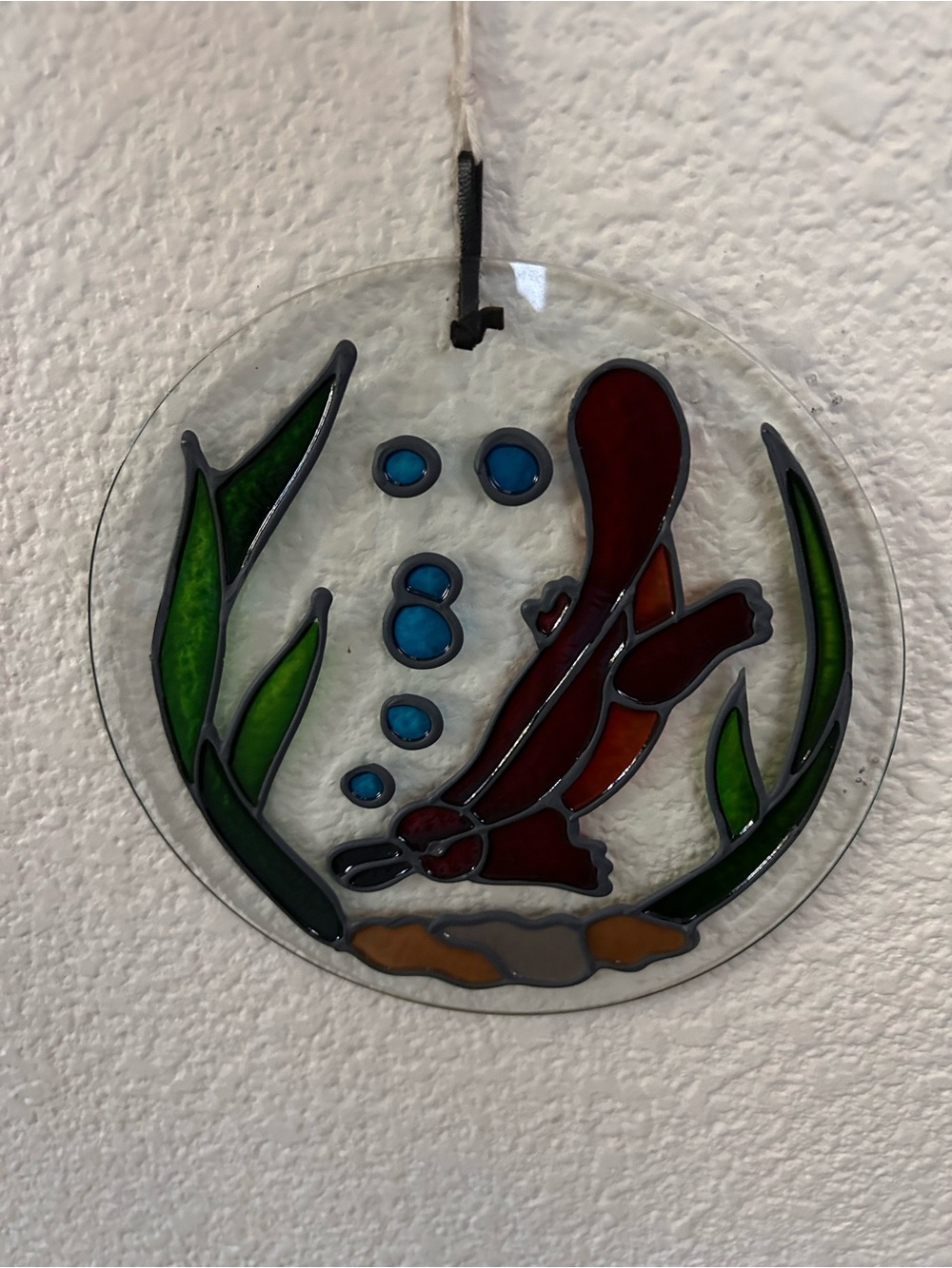 Handmade Round Stained Leaded Glass Platypus
Underwater Suncatcher 7” diameter
